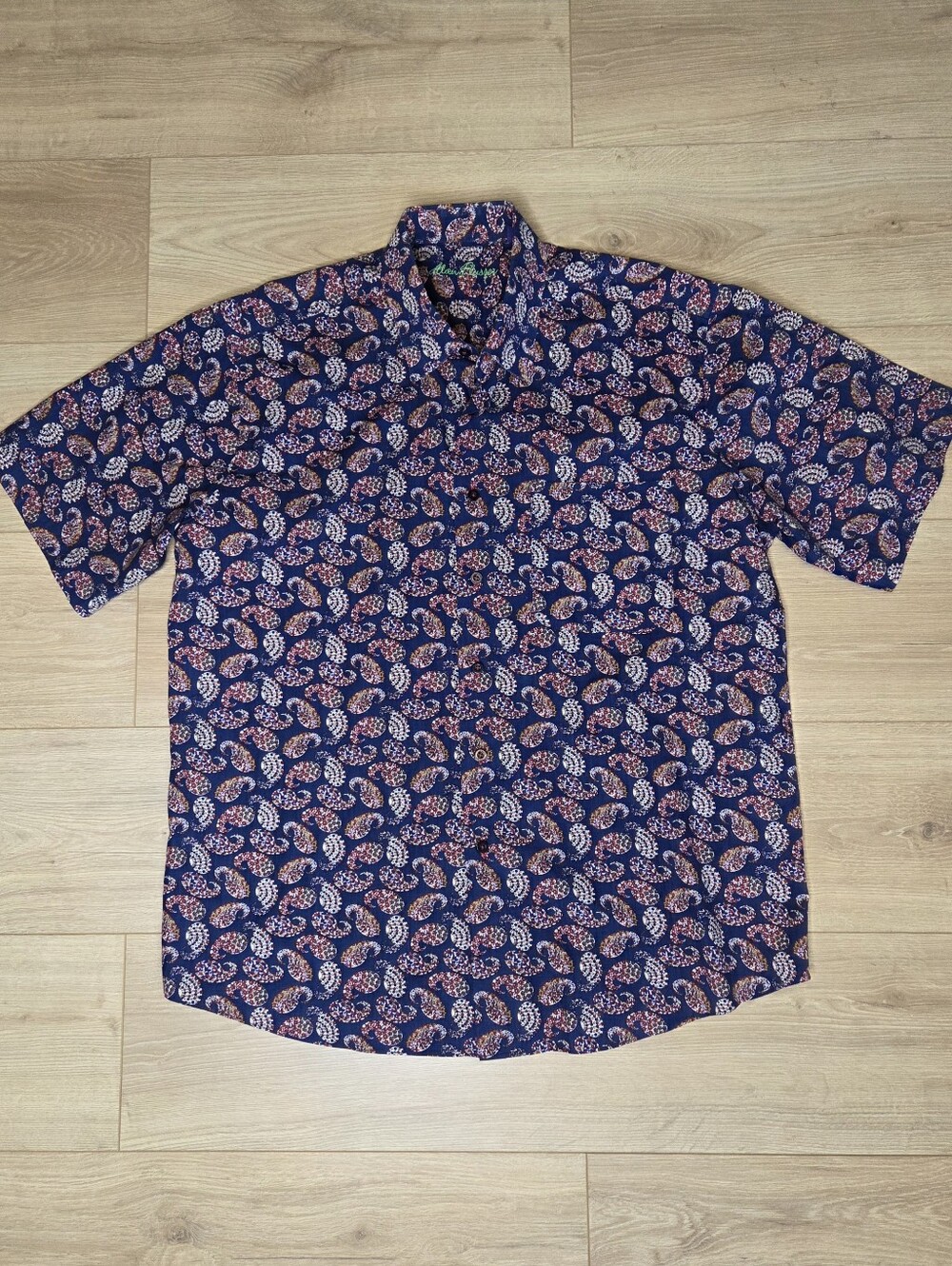 Alan Flusser Paisley Print Button Up Shirt Men's Large Navy Short Sleeve
